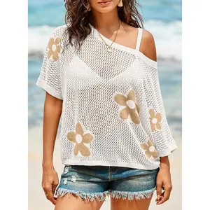 Womens FloralSummer Tops 2025 Short Sleeve Crochet Sweaters Swimsuit Cover Ups Lightweight Knit Pullover printed body suit