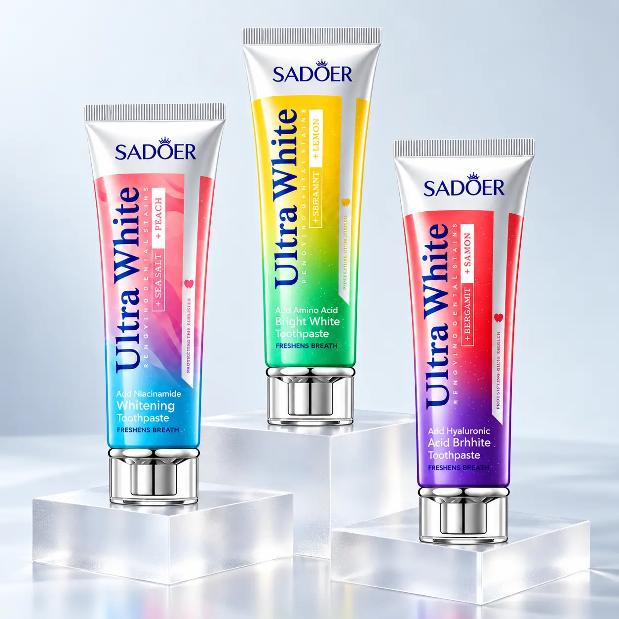 SADOER Ultra White Toothpaste 3 Pack, Lemon, Peach and Cherry Blossom Flavor Variety, Daily Oral Care Toothpaste Set for Adults, Fresh Breath Brushing Essentials, Home Bathroom and Travel Bundle