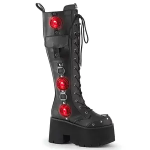 Demonia Blaze-202 Women's Platform Boot with Red Accents Chunky Heel & Lace Detail Round Toe Knee High Boot with USB Chargeable LED Lights - Pu