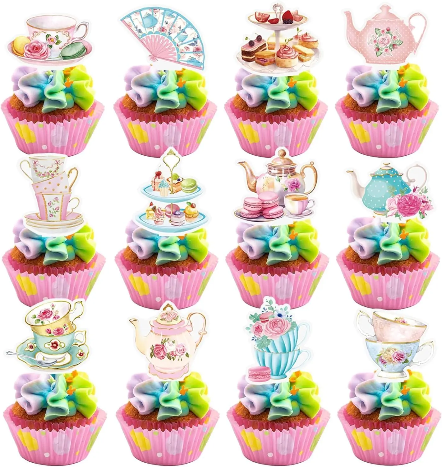 Reusable Bamboo Floral Cupcake Toppers 48-Piece - Vintage Pastel Insert Ornaments, Festive Cake Decorations for Princess Themed Birthdays, Anniversaries