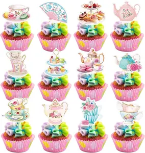 48-Piece Floral Cupcake Toppers Set - Elegant Tea Party Decorations for Afternoon Tea Themed Birthdays, Baby Showers & Princess Parties Pastel Insert Bamboo Ornaments -- backdrop
