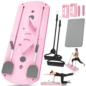 Pilates Board for Home Workouts, Foldable Pilates Reformer Set for Women 8-in-1 Portable Folding Mini Pilate Kit Machine Equipment, Pink Padded Mat