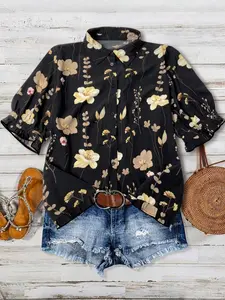 Women's floral print aloha style shirt blouse with lapel, ruffle trim and puff sleeves, pastoral, vacation & casual commute style, perfect for daily outings, vacations, commuting and casual dates