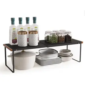 Expandable Kitchen Countertop Organizer Shelf,Cabinet Organizer Shelf,Metal Shelf Riser for Kitchen Storage Spice Rack,Cabinet Shelf for Pantry, Kitchen, Bathroom. (Black)