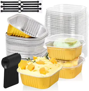 100 Pcs 5oz Gold Square Aluminum Foil Mini Cake Pans with Lids, Disposable Small Brownie Baking Cups Ramekins Cake Containers for Wedding Birthday Party
