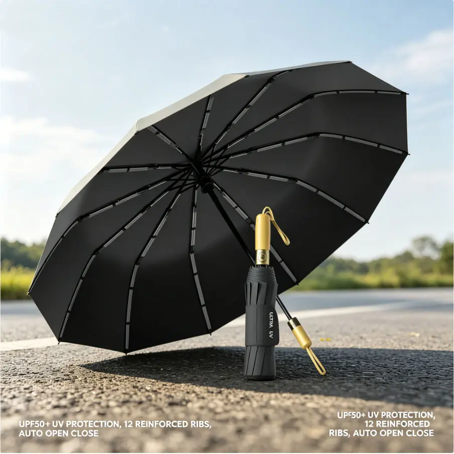 3 Fold Auto Open Close Umbrella 12 Alloy Ribs Steel Shaft 210T Polyester UPF50+ Windproof Rain Sun Compact Travel Umbrella for Commute Car Beach Hiking campingessentials