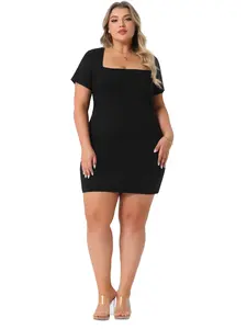 Agnes Orinda Plus Size Women's Short Sleeve Dresses Square Neck Casual Sundress Basic T Shirt Bodycon Mini Dress