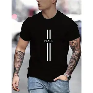 Men's Simple Summer Thin "PEACE" Letter Print Round Neck Graphic Tee, Summer Outfits, Men's Summer Clothes Tshirt, Graphic T-shirts, Men's T Shirts, Casual Regular Fit Shortsleeve T-shirt, Menswear Stylish Top Drippy Outfits Going Out Outfit