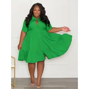 Elegant woman Plus Size Elegant Solid Short Sleeve Shirt Dress - Button Front, Midi Length, Comfortable, Flattering Fit - Women's Chic and Versatile Day-to-Night Wear