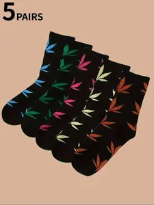 5 Pairs of Unisex Leaf Pattern Mid-Calf Socks, Comfortable and Breathable for All Seasons, Perfect Gift for Fashion Enthusiasts