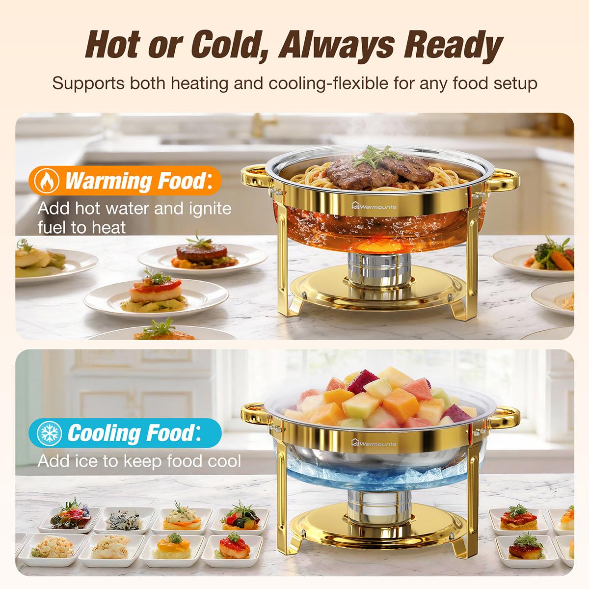 WARMOUNTS 6.5QT Gold Chafing Dishes for Buffet with Glass Lid , Round Chafers and Buffet Warmers Set with Mirror-Polished Stainless Steel, Rolled Rim, Stackable, Lid Holder for Parties, Weddings (2/4/6 Pack）