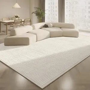 Nordic Simple Living Room Carpet, Luxurious Cream Color Geometric Stripe Mat, Pet Friendly Non-Slip Rug, Soft Plush