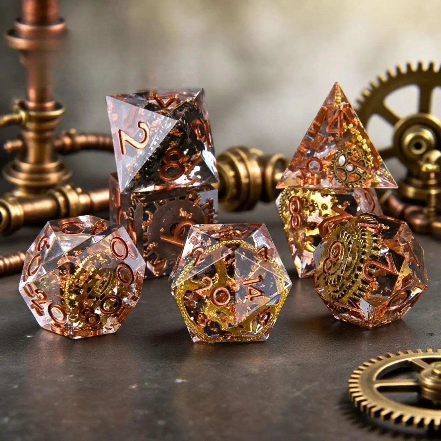 Steampunk Pointed Resin DnD Dice Set Baldur's Gate 3 Embedded Gear Cthulhu Polyhedral D20