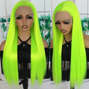 13X4 Lace Front Wigs Fluorescent Green Hair Long Straight Glueless Synthetic Lace Front Wig for Women 26 Inch Daily Party Cosplay Use
