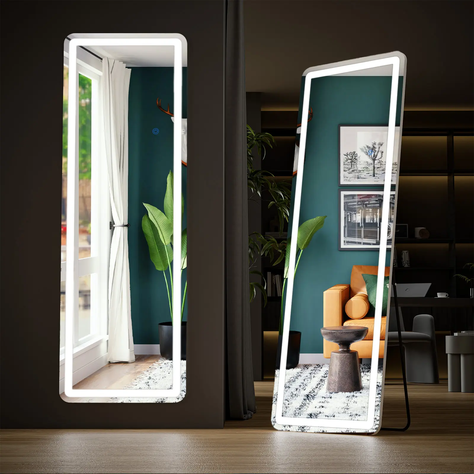 64" LED Floor Mirror with Lights, 3 Color Lighting Dimmable Vanity Mirror, Full Length Standing Mirror with Touch Control, Wall Mount or Freestanding for Bedroom Makeup