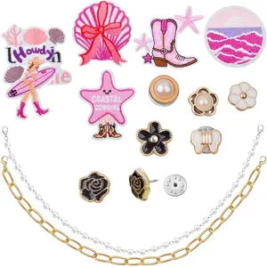 Trucker Hat Chains Charms 14 PCS, Including 6PCS Pink Iron on Patches, Ocean Wave,Starfish,Shell, Surfer Girl and 2 PCS Hats Chains (Golden and Pearl Chain) and 6 PCS Pearl Rose Buckles for Women