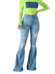 80's Baby Jeans High-Waisted Ripped Flare Denim with Distressed Details for Retro Style Made in the U.S.A 98% Cotton 2% Spandex Comfortable Fit