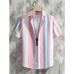 Men's Casual Short-Sleeve Striped Shirt - Pastel Pink & Light Blue Horizontal Stripes, Regular Fit Button-Up with Pointed Collar, Machine Washable Spring/Fall Top, Spring Fashion Top |   Print Collar Style |   Neutral Fabric Shirt