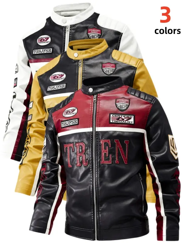 Men's Stand Collar Faux Leather Racing Moto Jacket, Embroidery Letter & Multi Badge Patches Biker Coat, Color Block Zip Up Long Sleeve Outerwear, Vintage Streetwear Motorcycle Jacket For Young Men Riding Night Street Fashion Outfits
