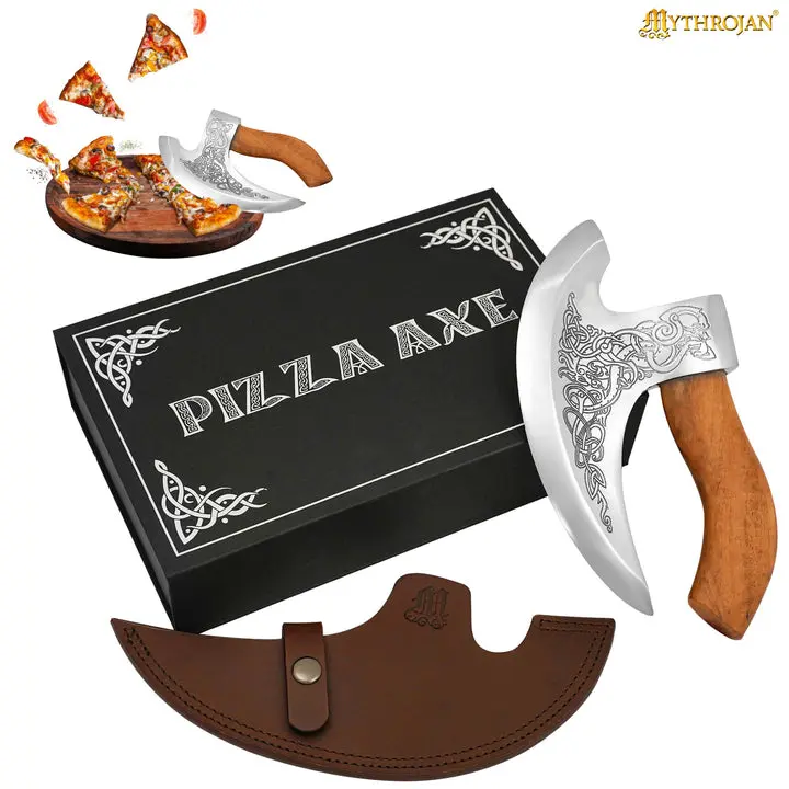 Authentic MYTHROJAN Handforged Viking Look Pizza Cutter - Stainless Steel Sturdy Blade Kitchenware, Medieval Mezzaluna Ulu Rocking Pasta Utensils, Kitchen Gadget Gifting Idea