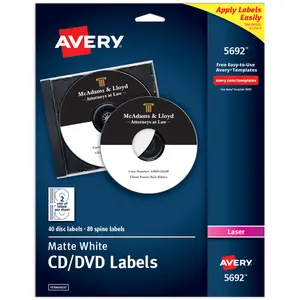 Avery Printable CD Labels, Matte White, Permanent Adhesive, Laser Printable, 40 Blank CD & 80 Blank Spine Stickers (5692)