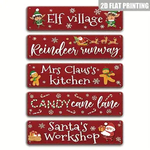 2D Flat, 5pcs, Christmas Sign Rustic Hanging Signs Christmas Party Metal Sign Gingerbread Signs Home Decor Red Santa's Workshop Sign Wall Hanging Decor for Outdoor Indoor, Garage Bar Bedroom Home Decor, 2D Flat, Fe
