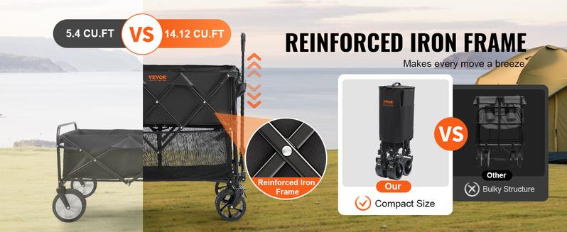 VEVOR Foldable Double Decker Wagon, Collapsible Wagon Cart with All-Terrain Wheels, Heavy Duty Folding Wagon Cart  for Camping, Shopping, Garden, 52" Extra Long Extender