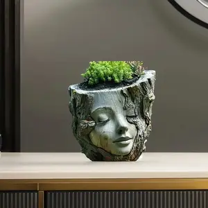Modern Natural-Inspired Tree Stump Girl Resin Statue, Expressive Eyes, Moss-Covered Hair, Durable Art Gift for Home Decor, Nature Ornaments