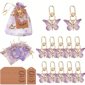 12pcs Purple Butterfly Keychain Gift Set with Thank You Tags & Organza Bags | Party Favor Packs for Women | Elegant Car Key Wallet Backpack Charm for Birthdays Wedding Showers | US Keepsake for Friends & Family, Key Charms