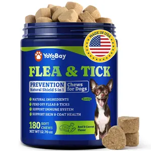 Flea & Tick Prevention for Dogs Chewables, YoYoBay Natural Dog Fleas and Ticks Control Supplement, Dogs Supplement, Natural Shield 5-in-1 Protection, Beef & Carrot Flavor, 180 Soft Chews