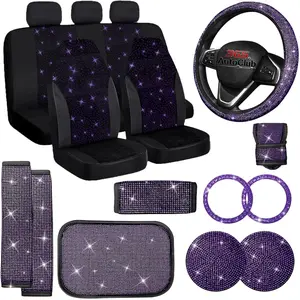 17PCS Purple All Part Bling Velvet Breathable Car Seat Covers Set, Rhinestone Crystal Steering Wheel Cover, Automotive Bling Diamond Interior Decor Accessories