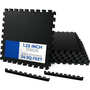 Puzzle Exercise Mat 1.25 in, EVA Interlocking  Floor Tiles for  Gym, Mat for  Workout Equipment, Floor Padding for , Black, 24 in x 24 in x 1.25 in, 24 Sq Ft - 6 Tiles