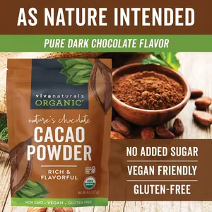 Viva Naturals Organic Cacao Powder, 8 oz - Unsweetened Cocoa Powder With Rich Dark Chocolate Flavor, Perfect for Baking & Smoothies - Certified Vegan, Keto & Paleo, Non-GMO & Gluten-Free, 227 g