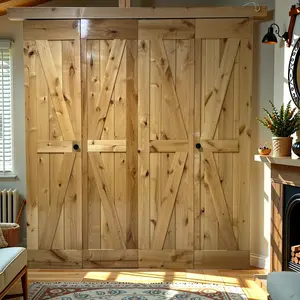 Double 38in x 84in Finished Alder Wood Bifold Barn Doors wtih  Low Clearance Wooden Box Rail Sliding Hardware Set for interior bifold closet
