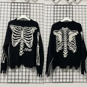 Hip Hop Skeleton Jacquard  Saint Sweater Men Women High Quality Damaged Knitted Sweatshirts Black Crewneck Pullovers