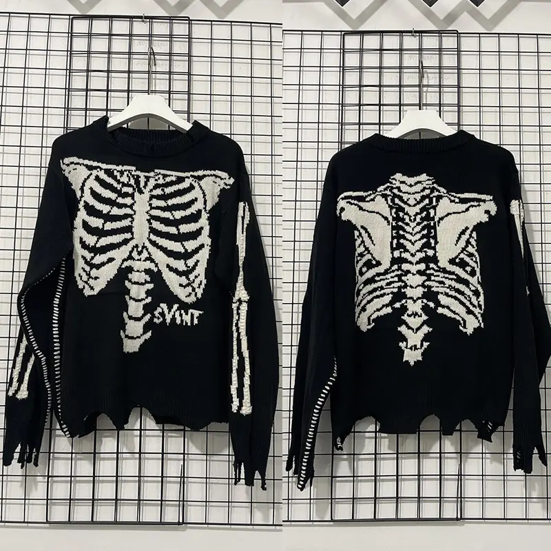 Women's Hip Hop Skeleton Jacquard Knit Crewneck Pullover - Long Sleeve Casual Distressed Knitwear Top, High-Quality Black Women's Top