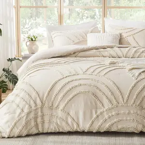 Boho Queen Comforter Set Beige Tufted Bedding for Queen Size Bed, Boho Chic, 3 Pieces Lightweight Soft Microfiber Cream Comforter with 2 Pillow for All Season