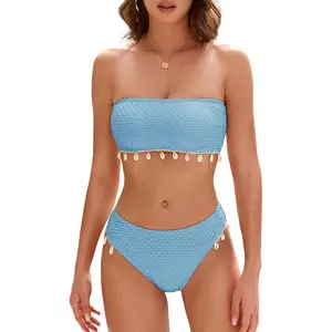 Women Strapless Bandeau Bikini Shell 2 Piece Swimwear Cheeky Solid Lace up Pom Bathing Suits