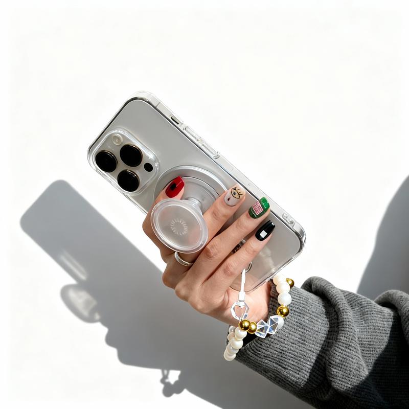 Magnetic Charm with Phone Grip Base for Kindle & Phone – Short Beaded Phone Chain, Anti-Theft Hands-Free Wrist Strap, Detachable Lanyard, Handmade Beaded Wrist Chain (Magnetic Ring Sticker Included for Non-MagSafe Devices)