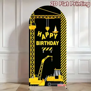 Black & Gold Construction Vehicle Happy Birthday Arch Backdrop Cover for Boys' Birthday Party Industrial Style Decor Background Backdrop Stand Arch