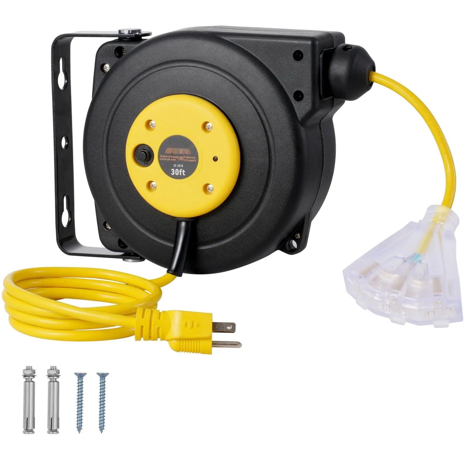 Retractable Extension Cord Reel, 30 Ft Power Cord Reel With 16 AWG, 3 Conductors, SJTOW Outdoor-Grade Cable, Auto-Wind Mechanism, Portable Reel For Workshop, Garage, And Job Site Use