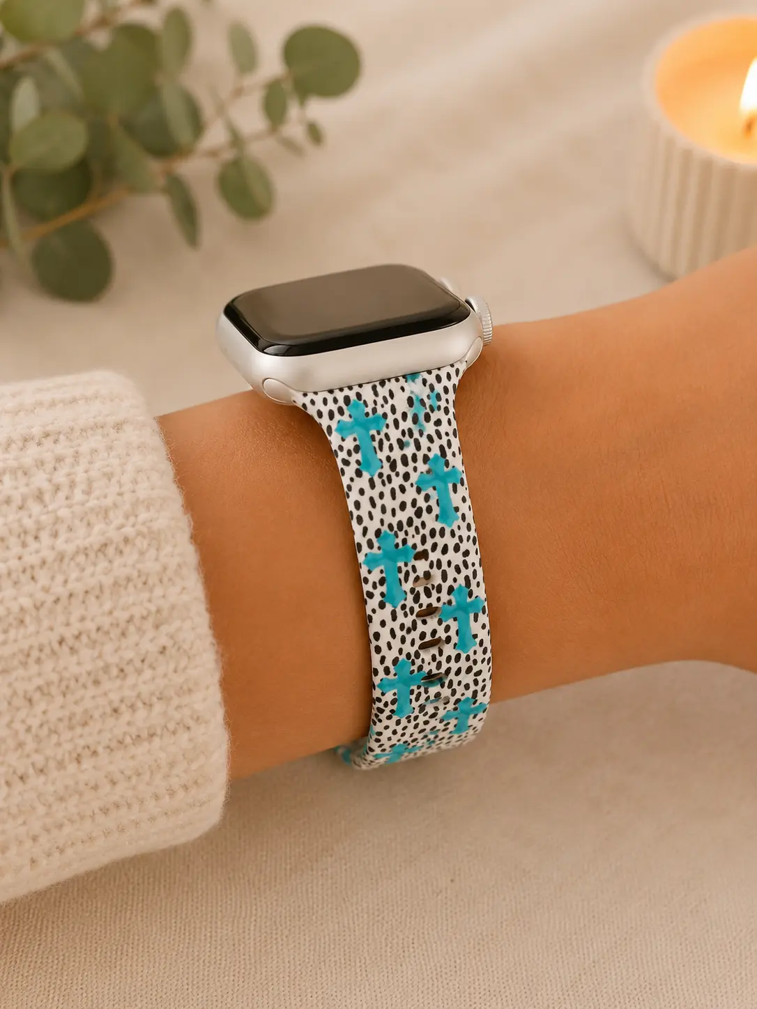 Turquoise Cross Watch Band | Western Faith Watch Strap | Black White Speckled Watch Band