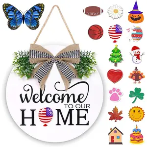 Interchangeable Welcome Sign for Front Door - Solid Wooden Welcome Wreaths with 16 Seasonal Holiday Icons Front Door Decor for Farmhouse , Valentine's, Easter Christmas Housewarming  Decor