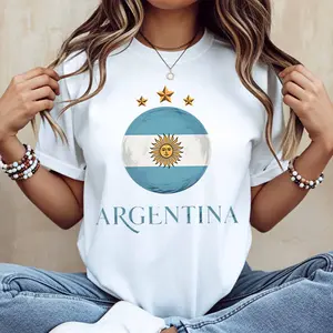 Argentina Flag With Stars And Sun Print T Shirt Women Casual Short Sleeve Round Neck White Top Fashion Trendy Loose Fit Summer Wear
