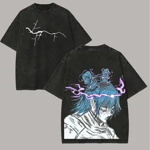 Vintage Jujutsu Kaisen Ryomen Sukuna In Gojo's Body Oversized T-Shirt, Retro Washed Black Distressed Anime Graphic Tee, Purple Lightning Domain Expansion Streetwear For Men & Women