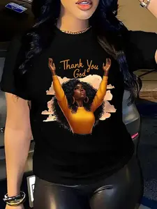 Plus-Size Women'S "Thank God" Graphic T-Shirt - A Stylish Black T-Shirt Featuring an Inspiring Graphic Depicting a Curly-Haired Woman in a Yellow Top Accompanied by Elegant And Flowing Golden Text - A Fashionable Short-Sleeved Shirt Suitable for Ca