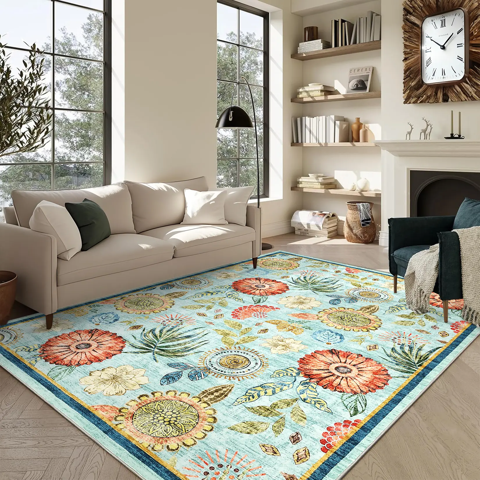Washable Floral Rug Distressed Print Carpet with Non-slip Backing for Bedroom Dining Room Living Room Home Decoration