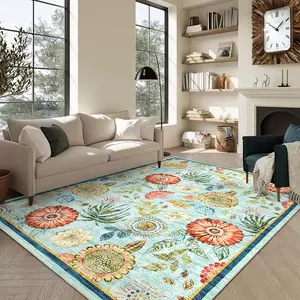 Washable Floral Rug Distressed Print Carpet with Non-slip Backing for Bedroom Dining Room Living Room Home Decoration
