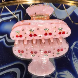 Cherry Hair Clip - Pink Marble Design with Red Cherries & Gold Accents - Perfect for Everyday Use or Special Occasions - Sleek Black Option Available