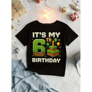 Youngsters' 6Th Birthday Game Pixel Boy T-Shirt for Kids - Black with Colorful Pixel Art, "It'S My 6Th Birthday" Print, Short Sleeve Crew Neck, Soft Fabric, Perfect for Holiday Party Gifts for Youngsters, Birthday Party Outfit for Youngsters